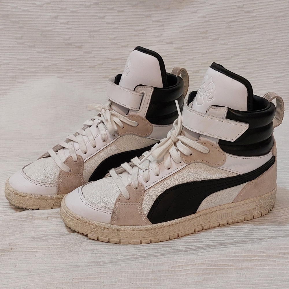 Puma High-Top Sneakers in White, Black & Beige